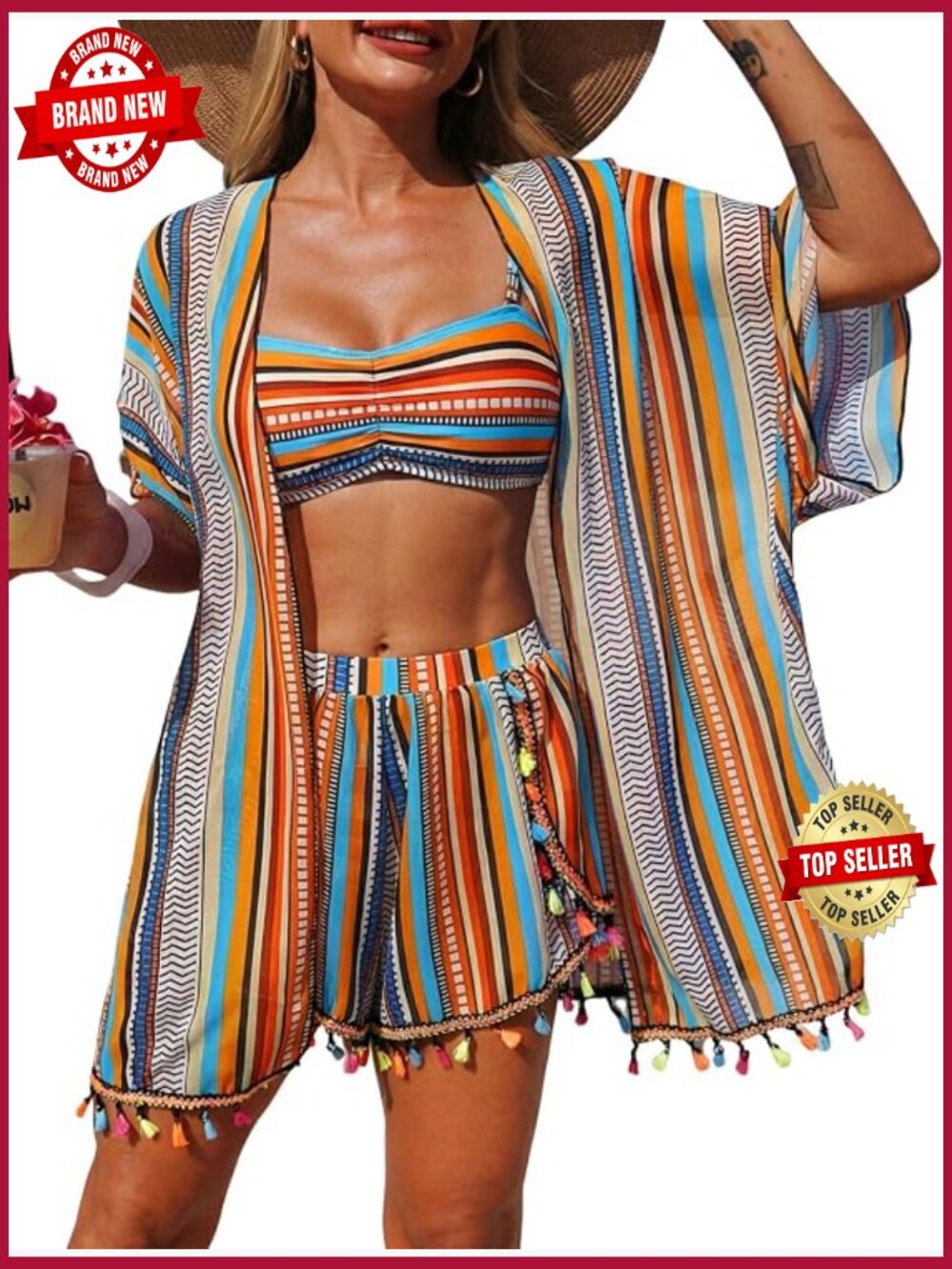 4 Piece Ruched Striped Bikini Set with Sheer Cover Up High Cut